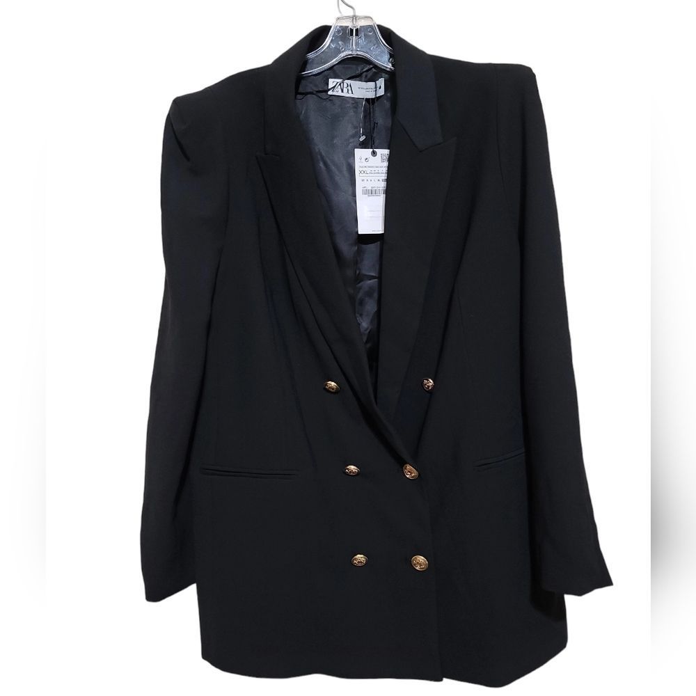 ZARA Black Padded Shoulder Double Breasted Blazer with Gold Buttons Sz XXL - Picture 11 of 12